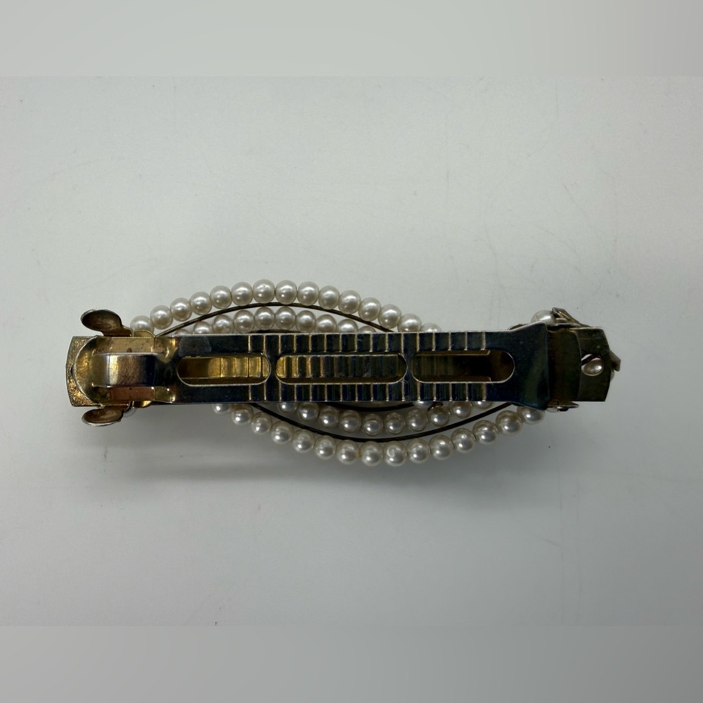 Vintage Classy Faux Pearl Large French Barrette Gold Tone Bridal Hair Clip Gift - Picture 6 of 8